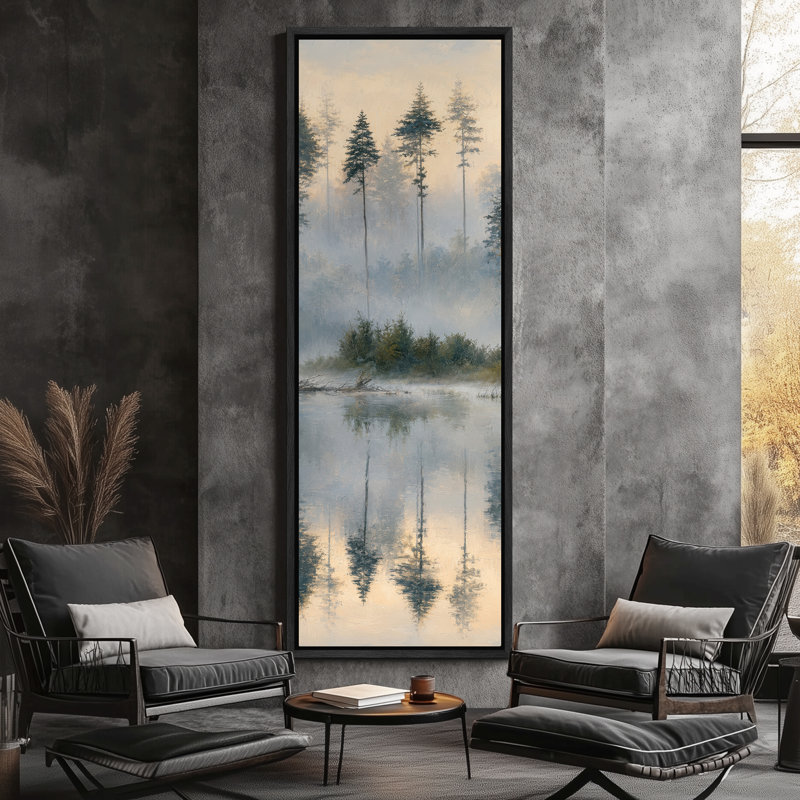 «Soft Foggy Forest Lake Reflection», impression murale sur toile encadrée, H 60 po x l 20 po x P 1,5 po, Noir