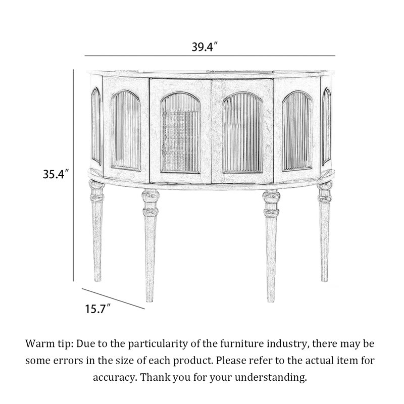 Buffet incurvé en bois massif à 2 portes French Country, 35.4" H x 39.4" W x 15.7" D, White, White, White