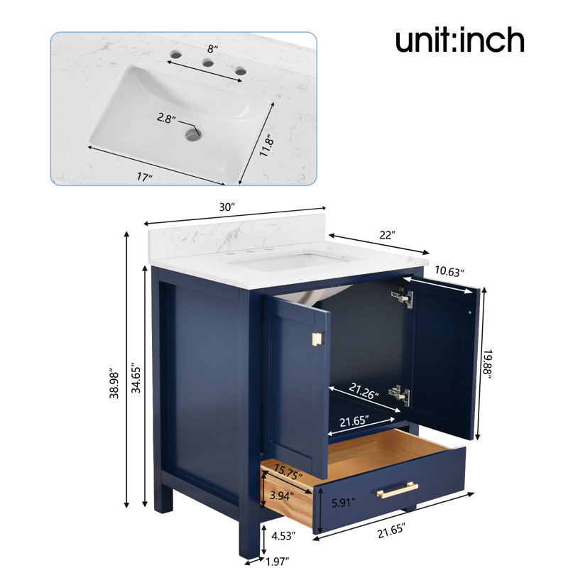 30-inch Bathroom Vanity With Engineered Stone Top, Blue