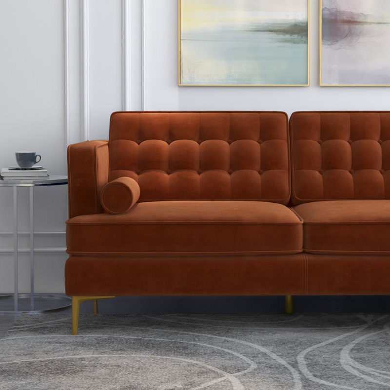 Canapé et chaise longue en velours de 101 po Noam, Velours orange, Accoudoir à droite (vu de face)