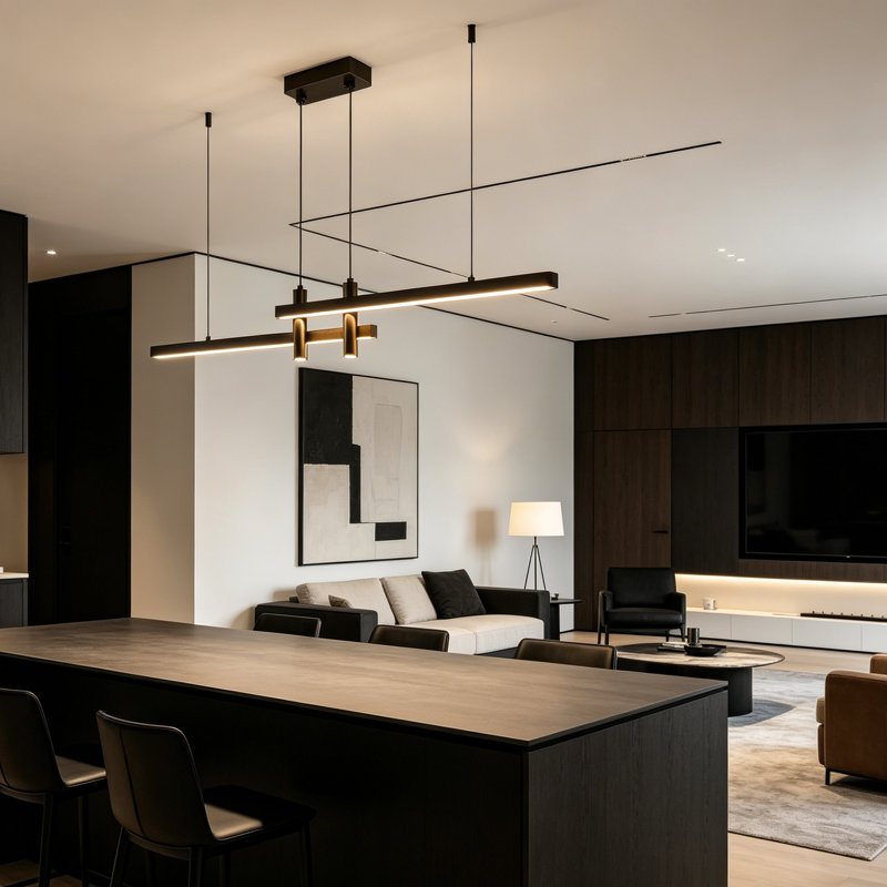Modern Black Linear LED Chandelier, Dimmable Minimalist Ceiling Pendant Light With Remote Control For Kitchen Island, Dining Room & Pool Table