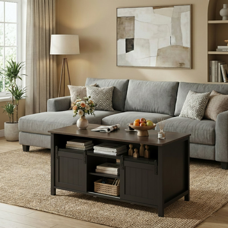Farmhouse Coffee Table With Storage, Rustic Living Room Table With Sliding Barn Doors & Hidden Compartment, Wooden Center Table For Living Room, Black