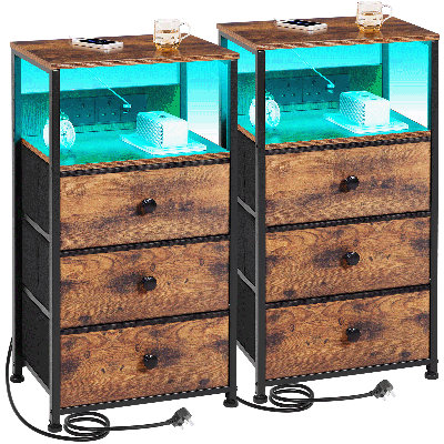 Night Stand Set 2, Led Nightstand With Charging Station, End Tables With Storage Shelf, Bed Side Table With 3 Fabric Drawers For Bedroom, Small Spaces