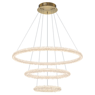 Extra Large 3-Ring Gold Crystal Chandelier, 27.5" LED Pendant Light,75W Dimmable Tiered Fixture with K9 Crystals, Adjustable 118" Height