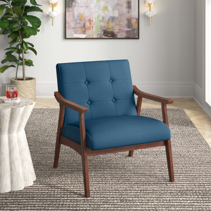 Banassak 28.5" Wide Fabric Tufted Armchair With Solid Wood Frame, Dark Blue Linen Blend
