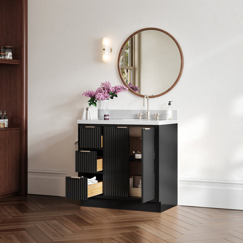 Ensemble de meuble-lavabo simple en bois massif de 36 po avec plateau en quartz Carrara de 1,5 po Haun, évier droit, lavabo ovale