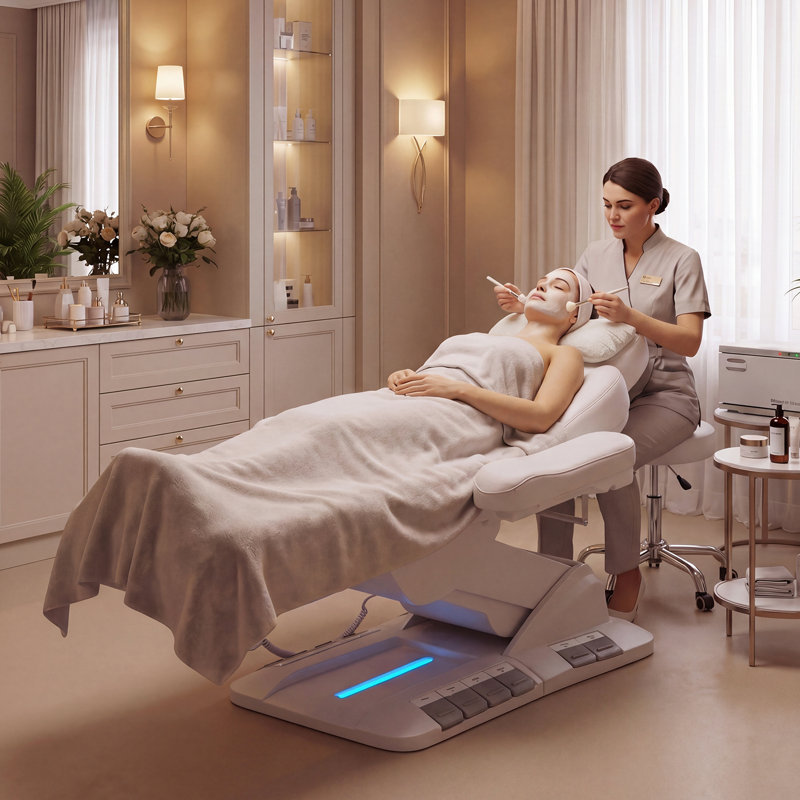 Table de massage électrique à 3 moteurs avec tabouret, télécommande et commande au pied, dossier / repose-pieds / hauteur réglable, capacité de 550 lb pour spa, médical, cils et beauté