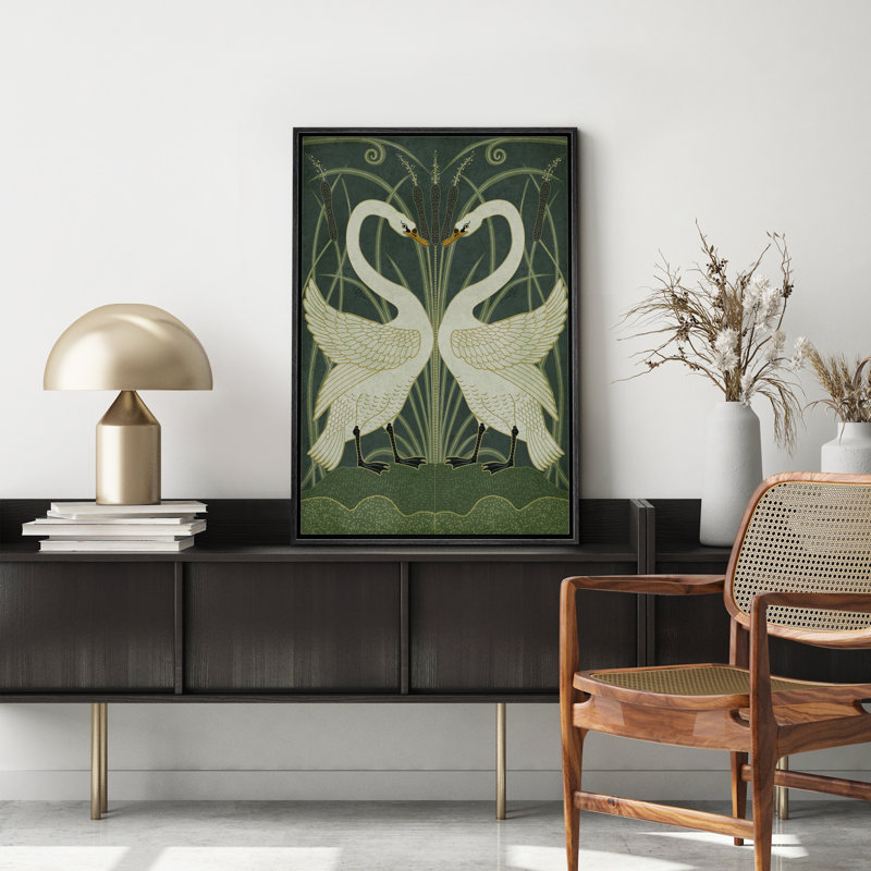 Art nouveau, cygnes symétriques, unique, chic, moderne, boho, style BCBG, impression sur toile encadrée, H 36 po x l 24 po