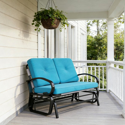 Banc de patio bleu avec filet respirant, structure et coussins en acier, idéal pour la détente en plein air, l 47,25 po x P 29,5 po x H 32,25 po, pour 2 personnes