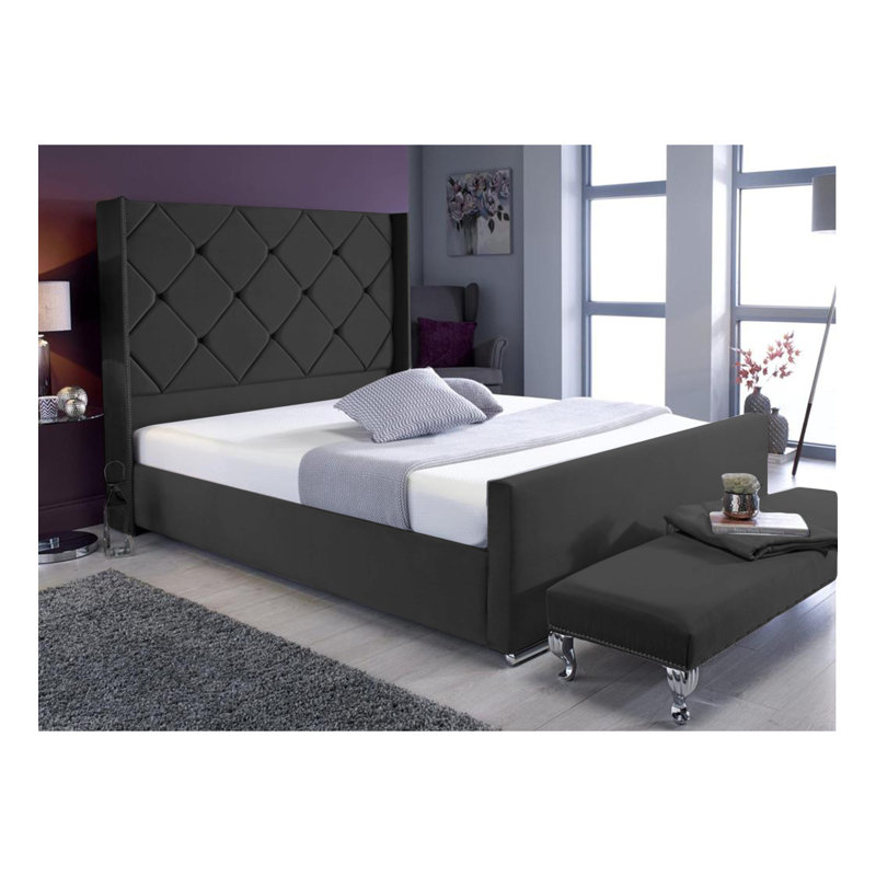 Descanso Chesterfield Velvet Upholstered Bed Frame - Buttoned Headboard, Chrome Feet, Black, Single (3')