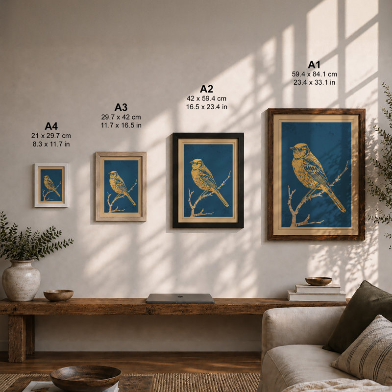 Songbird on Branch Japandi - Framed Print, Walnut, A1 - 84.1 x 59.4 cm