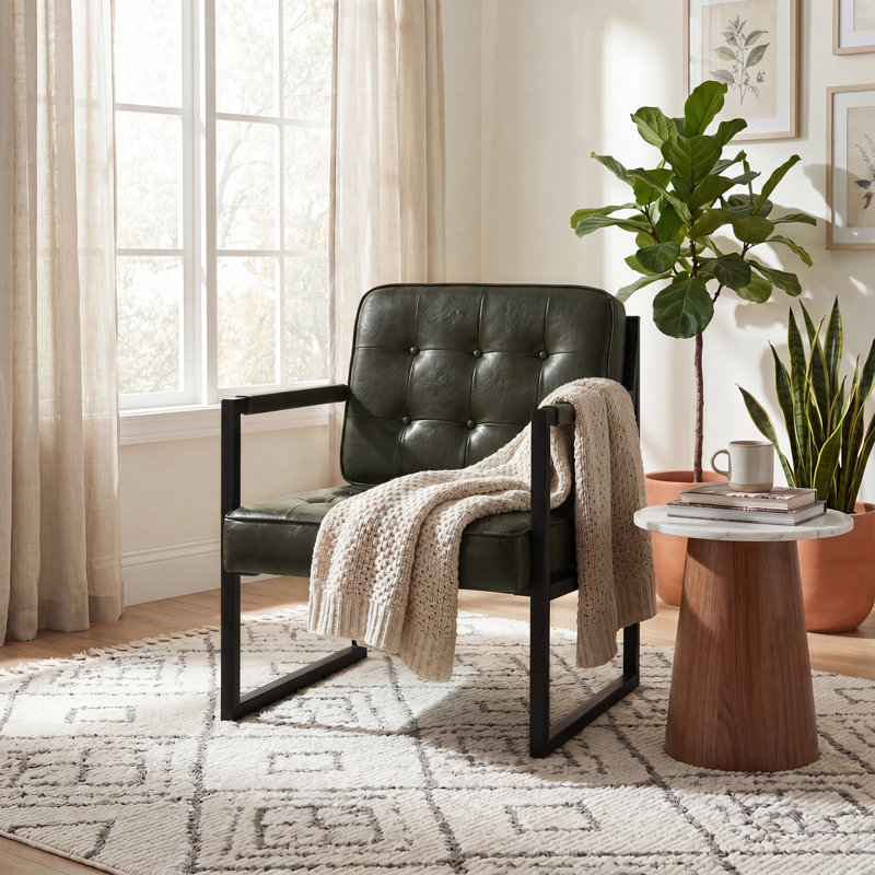 Modern Faux Leather button-tufted design Accent Chair with Metal Farme 110° Recline, Green Faux Leather
