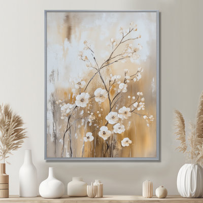 «Cherry Branch in Stillness I - Beige japonais», reproduction sur toile encadrée
