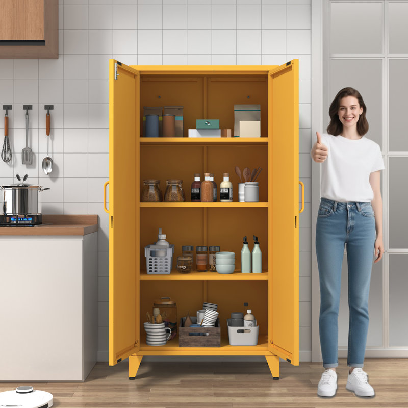 Armoire de cuisine/garde-manger jaune de style ferme, 155 cm de haut, en métal, avec serrure, 2 portes métalliques en forme de X et 3 tablettes réglables. Mobilier sur pied pour la maison, la chambre, le garage ou le bureau.