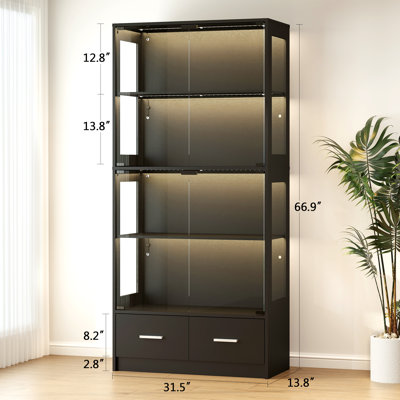 "5-Tier Tempered Glass Display Cabinet with LED Lights, Curio Cabinet with Adjustable Shelves for Home & Office