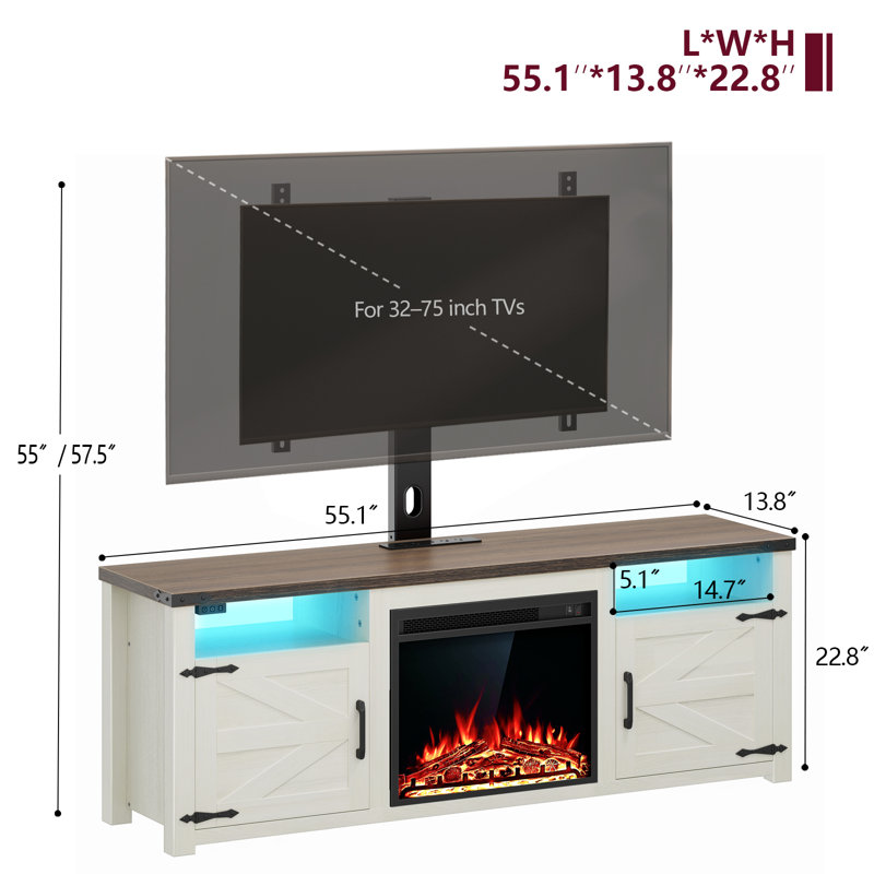 Fireplace TV Stand with Mount and Charging Station LED Lights, Entertainment Center with Height Adjustable Swivel Mount and Barn Doors Storage Cabinets for TVs Up to 70 inch