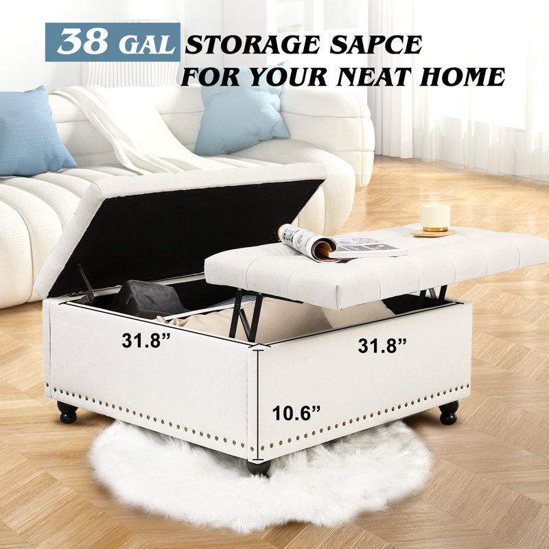 Cymon 35.5” Upholstered Square Large Storage Ottoman, White Linen