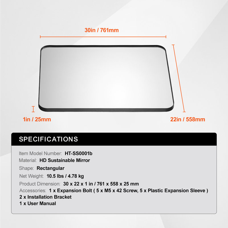 Square Wall Mounted Mirror 30" x 40" Mirror with Aluminium Alloy Frame, Black, Rectangle, 22" x 30"