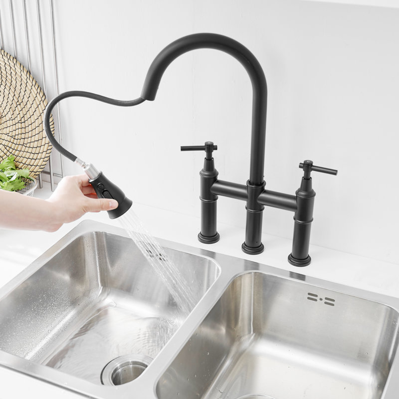 Pull Down Bridge Faucet with 2 Handles, Matte Black