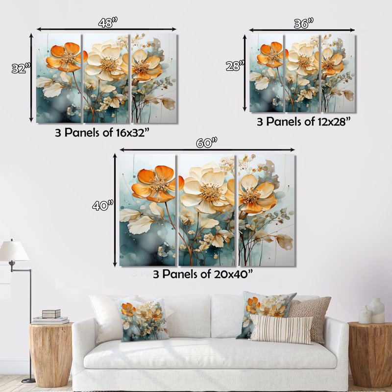 " Orange Teal Botanical Fragments " 3 - Pieces, 40" H x 60" W x 1" D