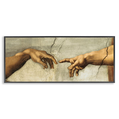 Mains de la création d'Adam, peinture religieuse encadrée noire, art texturé par Michel-Ange
