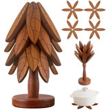 Tree Coasters, Wooden Trivets For Hot Dishes/Pot/Bowl/Teapot/Pans, Tree Shape Trivet Set - 4 Wooden Trivets + 1 Stand Stored, Gifts (Leaf Pattern - 4Pcs)