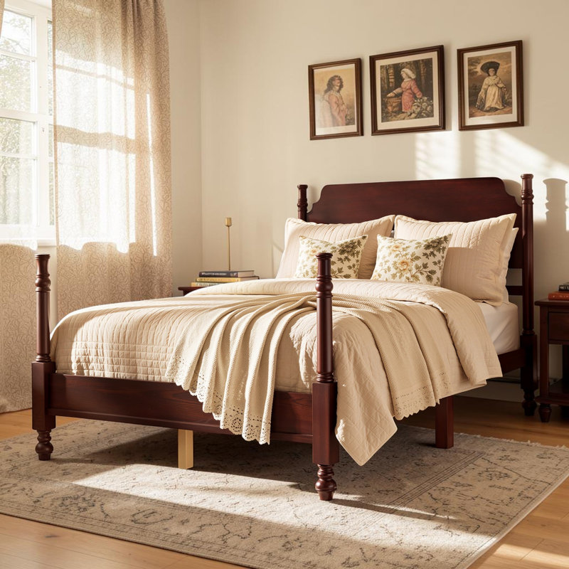 Wood Platform Bed Four Poster Bed, Full, Dark Walnut