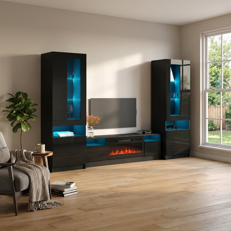 Duke 110.2" Modern Entertainment Center with Electric Fireplace, High Gloss Finish, Media Storage, Black