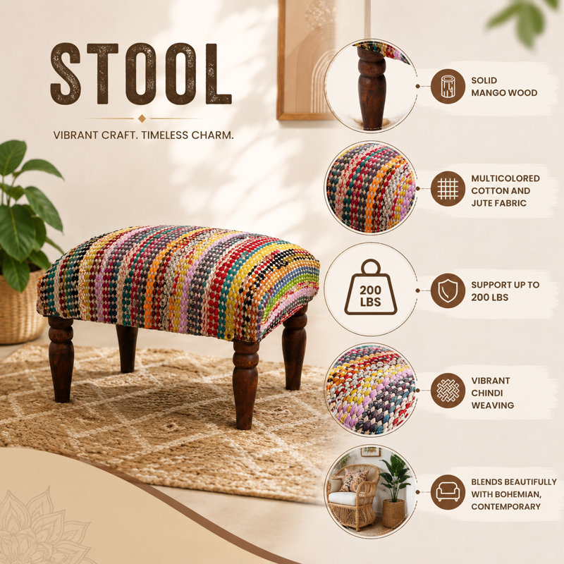 Decorative Upholstered Foot Stool | Handwoven Accent Ottoman | 20.5x15.5x15"