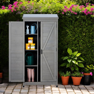 Large Outdoor Storage Shed With Metal Top And 3 - Tier Shelving. Suitable For Garden, Patio & Lawn Tool Storage. 33"L X 18.5"W 68"H Gray Coated Wood Look. Easy Setup Cabinet Removable Shelves Tools.