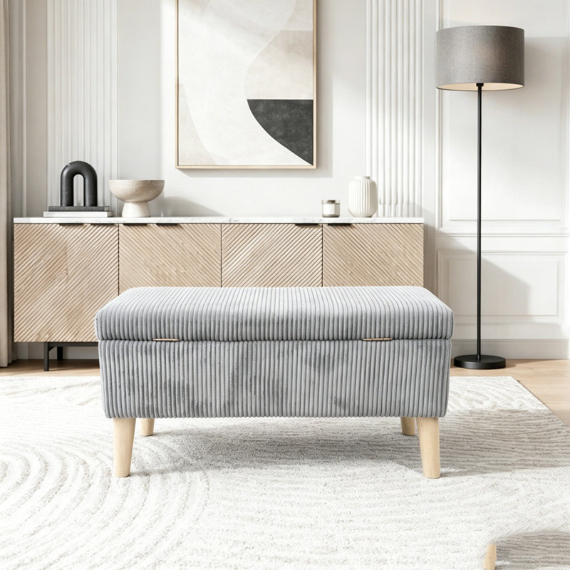 Banc de rangement en velours côtelé 32 pouces avec compartiment rabattable et pieds en bois massif, Grey