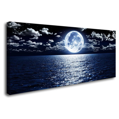 Wall Art Canvas Prints Moon Sea Ocean Landscape 1 Panels Full Moon In Cloud Pictures Paintings Stretched And Framed For Living Room Bedroom Kicthen Office Artwork 20X40inch