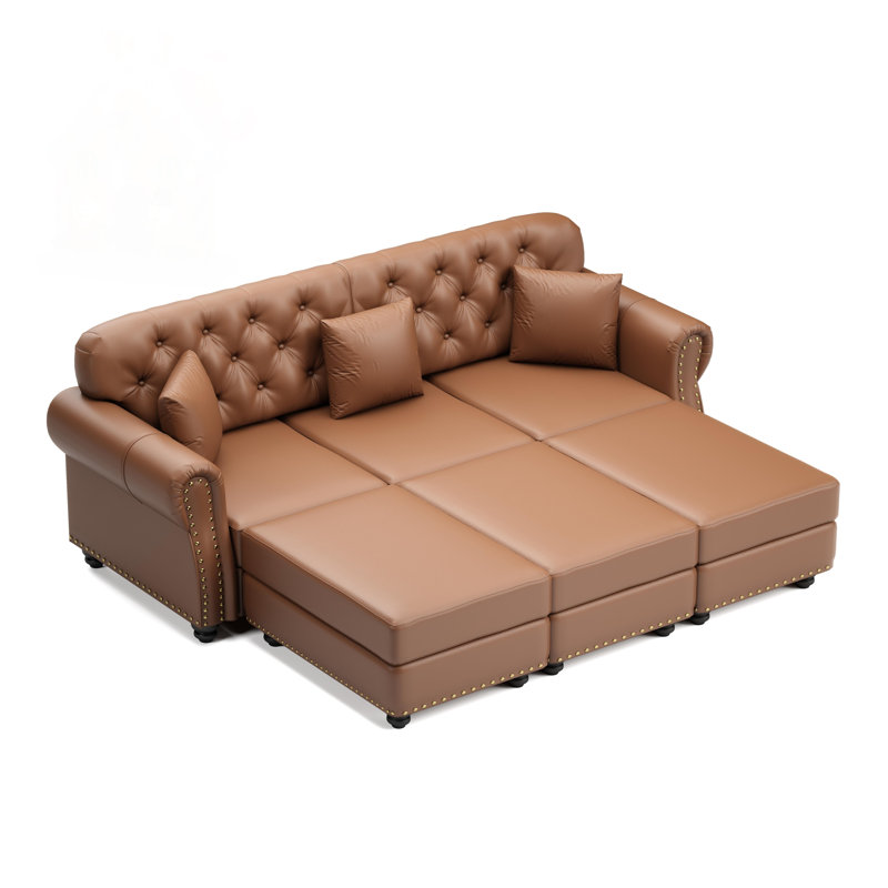 Canapé Chesterfield de style Mid-Century moderne avec similicuir, garniture cloutée et accoudoirs roulés, avec 3 coussins, brun