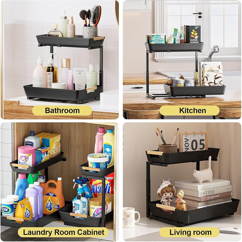 Ensemble de 2 ensembles de rangement sous le lavabo à 2 niveaux - Armoire à hauteur réglable pour la cuisine et la salle de bain