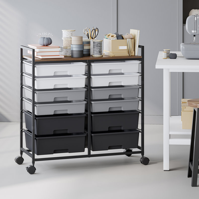 Chariot utilitaire roulant 12 tiroirs avec plateau en bois, rangement pour artisanat mobile et organisateur de fournitures d'art, chariot roulant pour bureau à domicile, rangement pour salle de classe avec roues