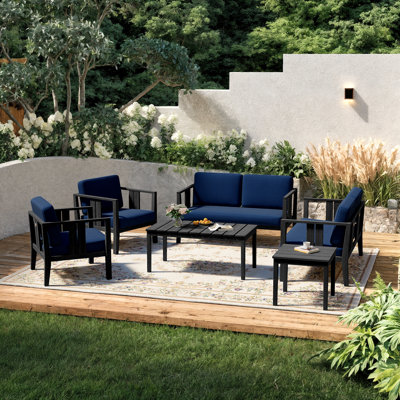 Ensemble de patio extérieur en teck Junco pour six personnes avec coussins et deux tables