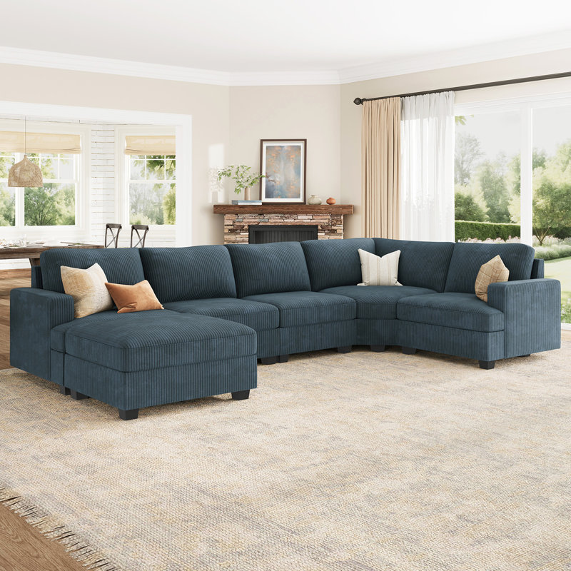 Canapé modulaire en U avec repose-pieds Anureet, Velours côtelé bleu
