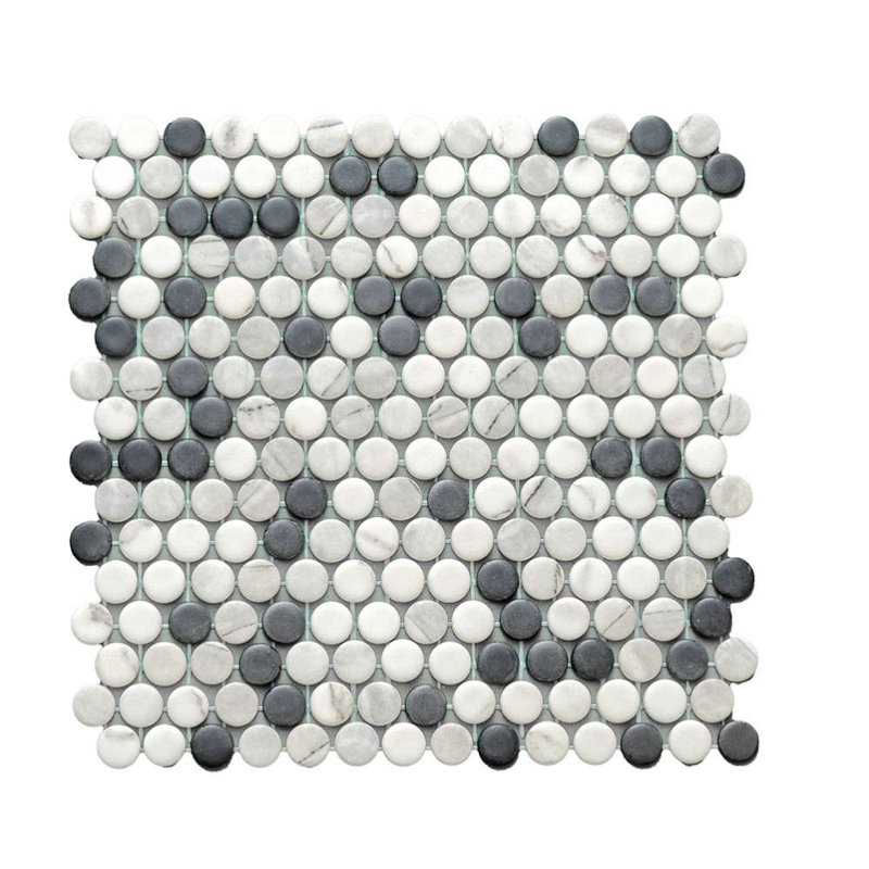 Eterna Penny 12"x12" Recycled Glass Mosaic Tile, Black/White