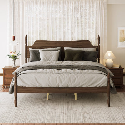 Lagola King Size Wood Platform Bed Frame with Spindle Design, Retro Four Poster Beds with Curved Tall Headboard & Under Bed Storage, No-Noise, No Box Spring Needed, Easy Assembly
