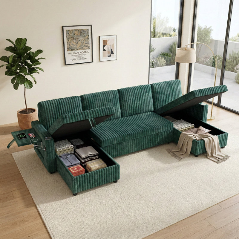 Modern 110" Corduroy U-Shaped Sleeper Sectional Sofa, 5-Seater, with Dual Storage Chaises and Pull-Out Bed, Green, Green