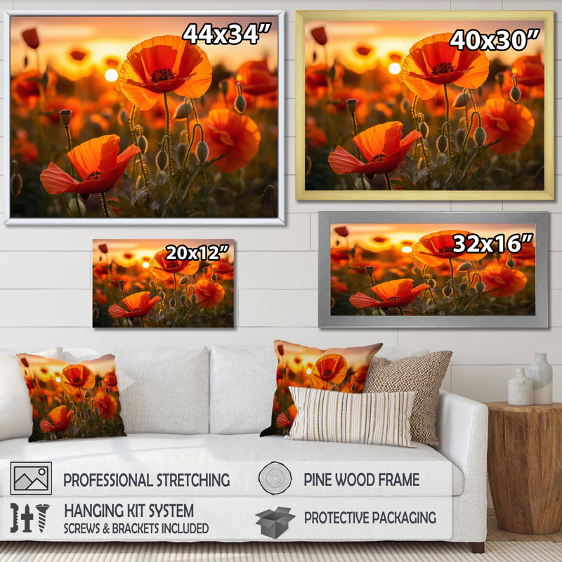 «Red Poppies Field With Sunset I», reproduction sur toile, H 30 po x l 40 po x P 1,5 po, Encadrement doré
