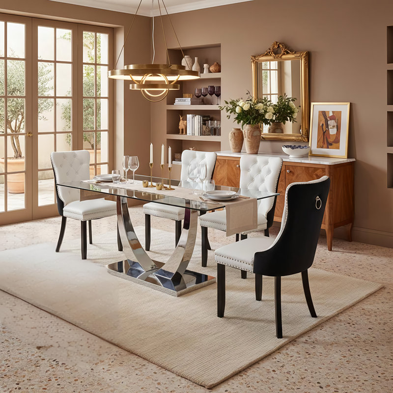 5-Piece Modern Glam Tempered Glass Dining Set with Tufted Faux Leather Chairs and Chrome Base