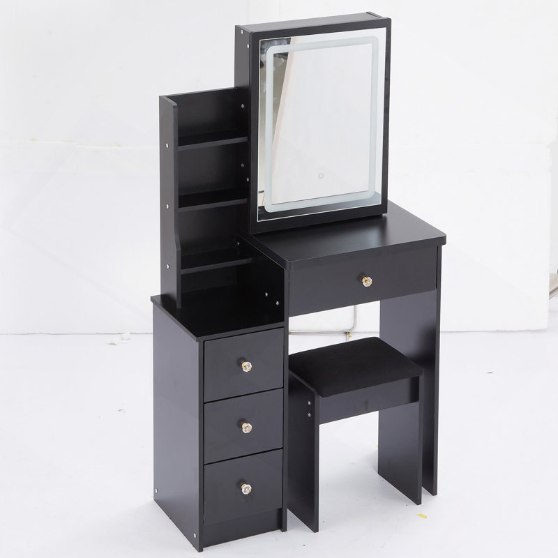 Table de coiffeuse de 29,2 po avec tabouret rembourré, grande glissière, commande tactile, interrupteur tricolore, miroir DEL à luminosité réglable, rangement à grande capacité, convient aux petits espaces