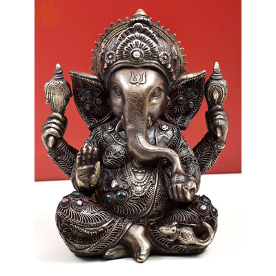 9" Brass Bhagwan Ganesha Statue with Intricate Filigree Work – Handcrafted Hindu God Idol for Elegant Home Altar Decor