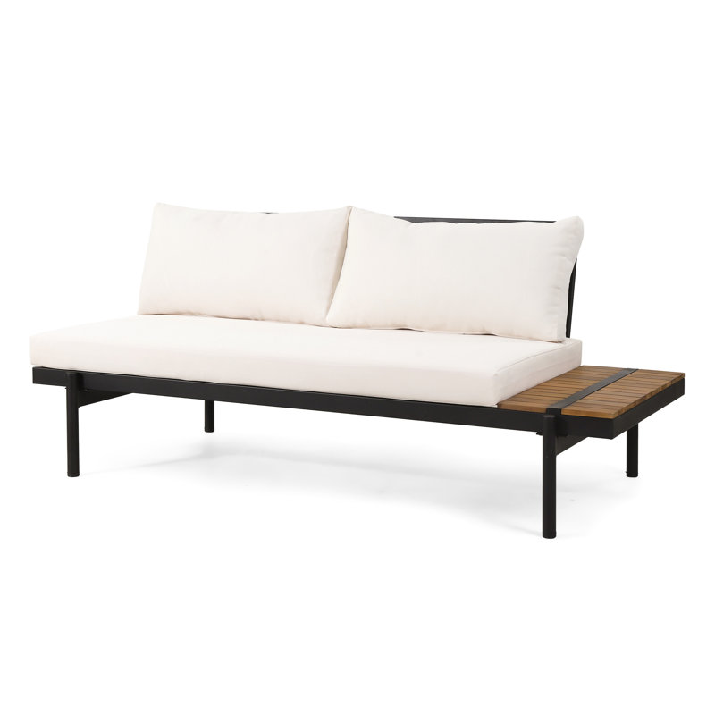 2 places à droite, dossier en lattes de bois, structure en fer, coussin de coussin à eau crème avec éléments