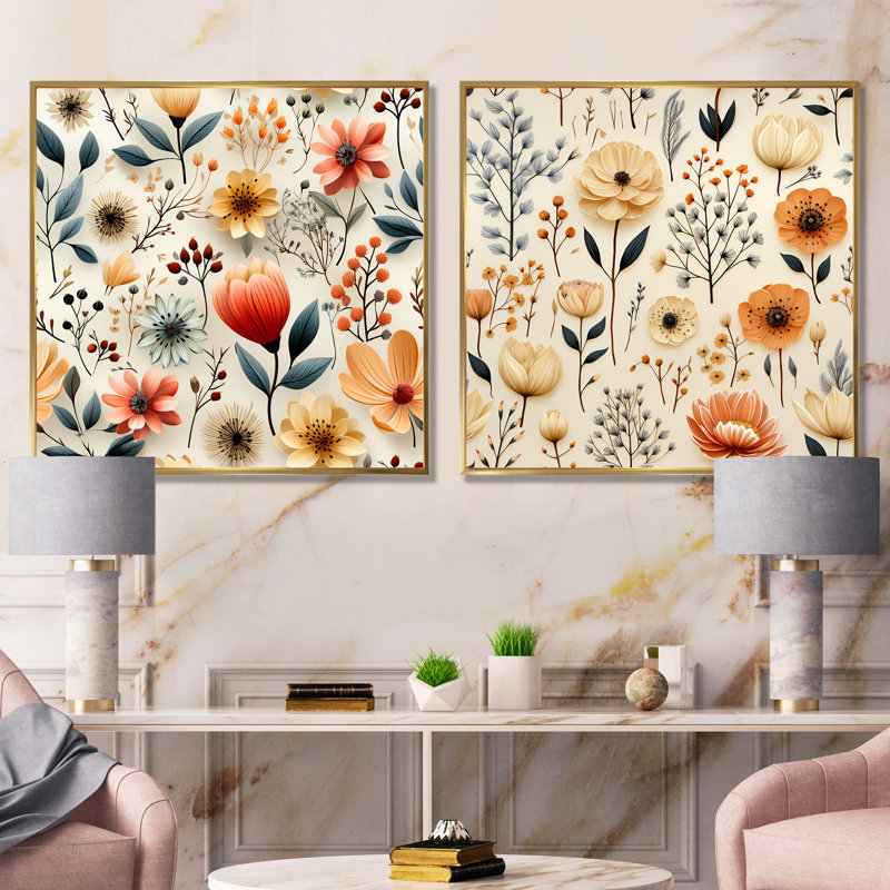 Swanley - Ensemble de 2 impressions sur toile florales, Encadrement doré, H 36 po x l 73 po x P 1,5 po
