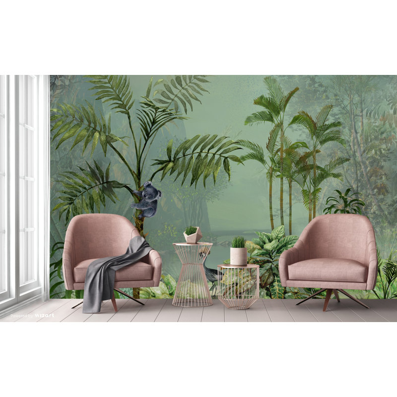 Papier peint faune forêt tropicale, koala et grue, scène de jungle, L 1416 po x l 131 po, Vert