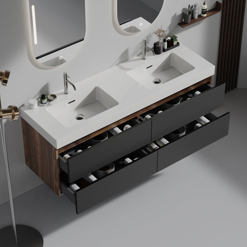 Meuble-lavabo mural avec surface solide et 4 tiroirs à fermeture en douceur, Noyer foncé, 60", Blanc