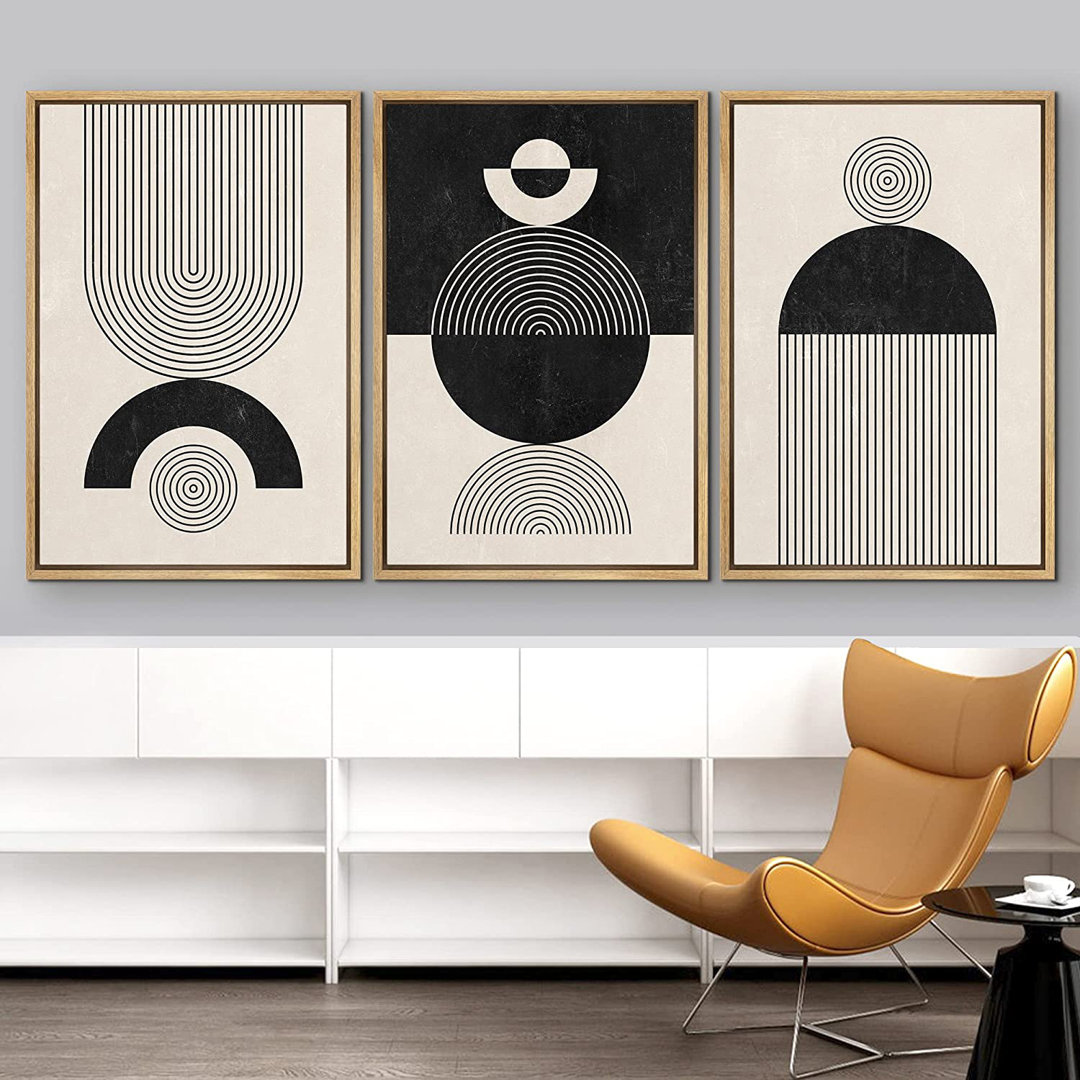 Mid Century Modern Boho Geometric Spiral Circle Ring Polygon Landscape Abstract Shapes - 3 Piece Floater Frame Graphic Art Set on Canvas IDEA4WALL Frame