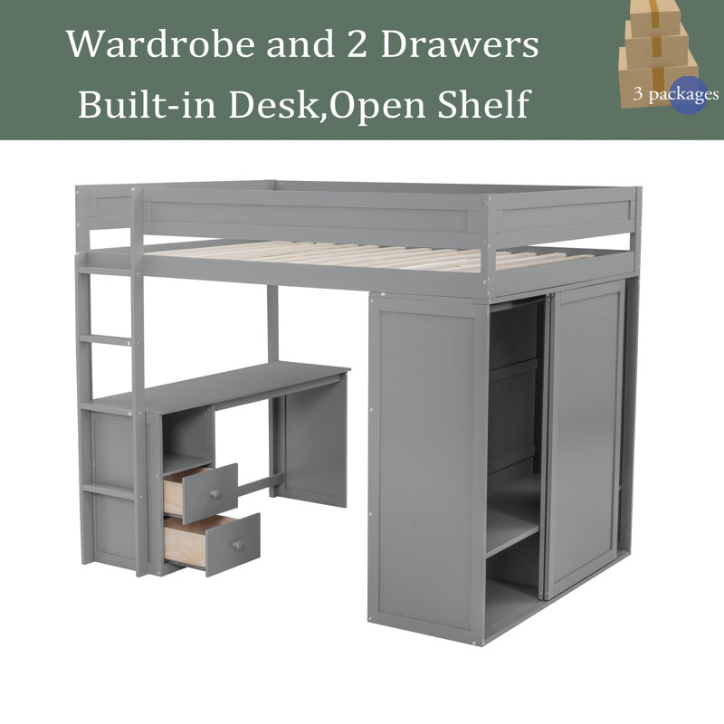Glendoris Kids Loft Bed with Drawers, Full, Gray